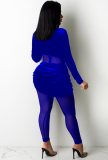 Mesh Patch Velour Turtleneck Skinny Blue Jumpsuit