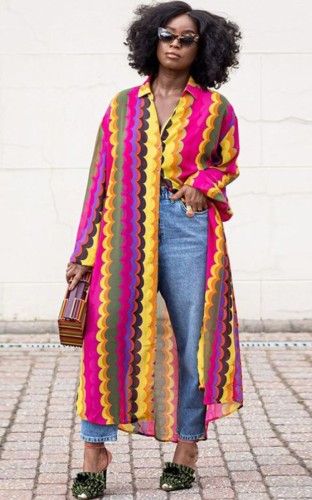 Multi Color Print Africa Turndown Collar Long Blouse Dress