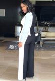 White and Black Contrast V-Neck Blouse and Pants 2 Piece Formal Suit