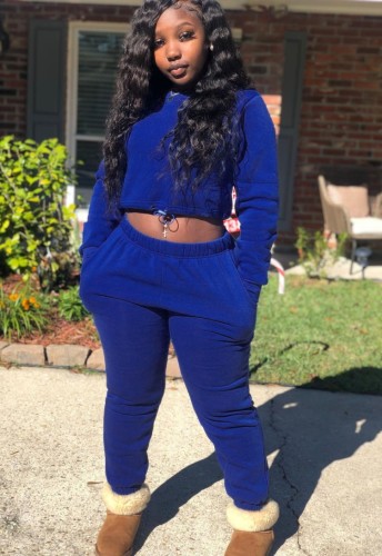 Blue Long Sleeves O-Neck Crop Top and and Pants Two Piece Set