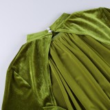 Green Velvet Stand Collar Puff Sleeve Mini Skater Dress