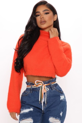 Orange Plush High Neck Long Sleeve Pullover Crop Top