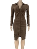 Brown Long Sleeve V-neck Button Up Scrunch Tight Midi Dress