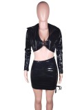 Black PU Leather Halter Crop Top and Skirt with Short Jacket 3PCS Set