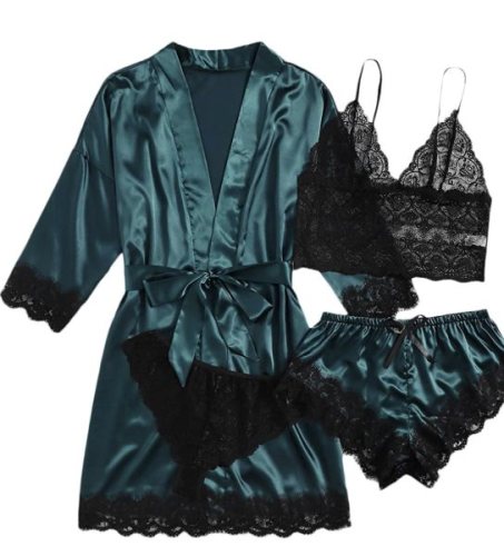 Green Silk Nightgown and Panty Black Lace Lingerie 4PCS Set