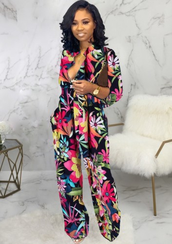 Multi Floral Print Long Sleeve Blouse and Loose Pants 2PCS Set