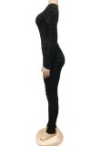 Black Ruched Long Sleeve O-Neck Tight Top and Pant 2PCS Set