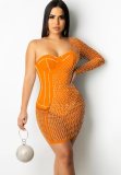 Crystal Orange One Sholuder See Through Mini Dress