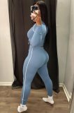 Blue Line V-Neck Long Sleeve Hoody Crop Top and Pant 2PCS Set