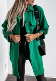 Green Pocket Button Open Turndown Collar Long Coat