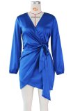 Blue Silk V-Neck Long Sleeve Mini Dress With Matching Belt