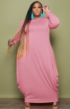 Plus Size Pink Long Sleeve O-Neck Loose Maxi Dress