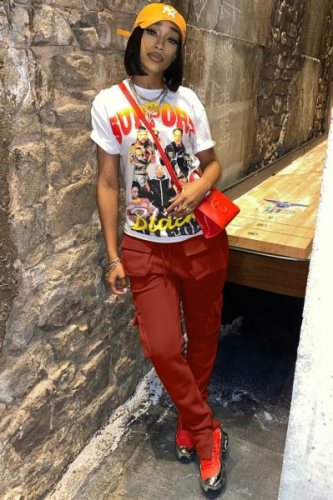 Red Drawstring Cargo Pants with Pocket