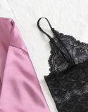 Rose Silk Nightgown and Panty Black Lace Lingerie 4PCS Set