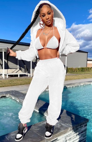 White Fleece Hoody Zip Top with Triangle Bra and Pant 3PCS Set