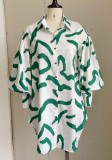 Green Stripes Print White Puff Sleeve Button Up Loose Blouse Dress
