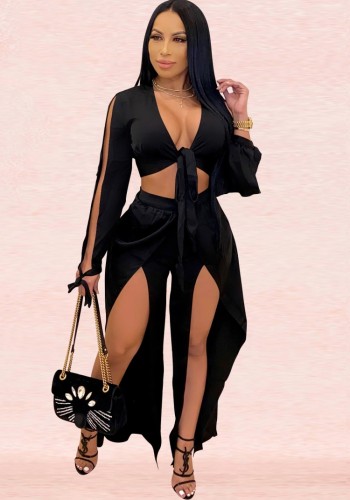 Black Cut Out Knotted V-Neck Crop Top and Pant 2PCS Set