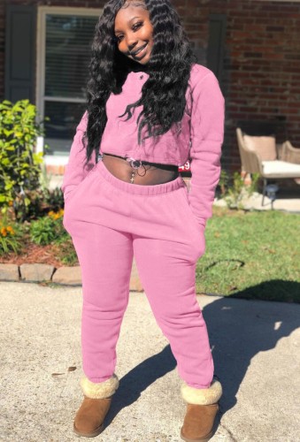 Pink Long Sleeves O-Neck Crop Top and and Pants Two Piece Set