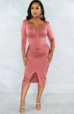Pink Square Neck Long Sleeve Front Slit Midi Dress