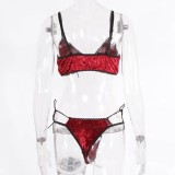 Red Velvet Lace Up Bra and Micro Thong Lingerie 2PCS Set