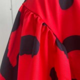 Black Stripes Print Red Puff Sleeve Button Up Loose Blouse Dress