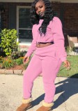 Pink Long Sleeves O-Neck Crop Top and and Pants Two Piece Set