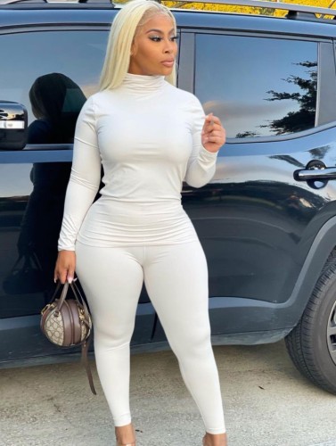 Plus Size White Turtleneck Fitted Top and Pant 2PCS Set