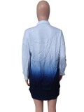 Gradient Blue Long Sleeve Turndown Collar Loose Blouse