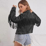 Black Denim Stylish Tassels Short Jacket