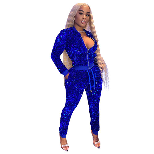 Velvet Sequin Blue Zipper Casual Two Piece Set