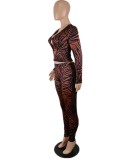Print Brown Fitted Hole Top and High Waist Pants 2PCS Set