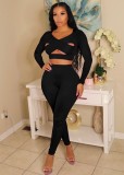 Black Cut Out Criss Cross Fitted Crop Top and Pants 2PCS Set