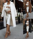 White Turndown Collar Long Sleeve Elegant Long Coat