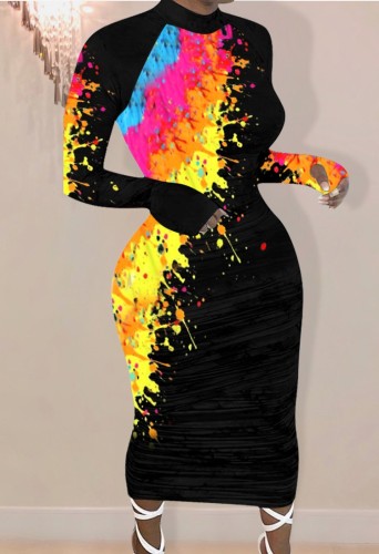 Paints Print Black Round Neck Long Slinky Dress