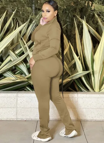 Khaki Zipper Open Turndown Collar Top and Slit Pants 2PCS Set