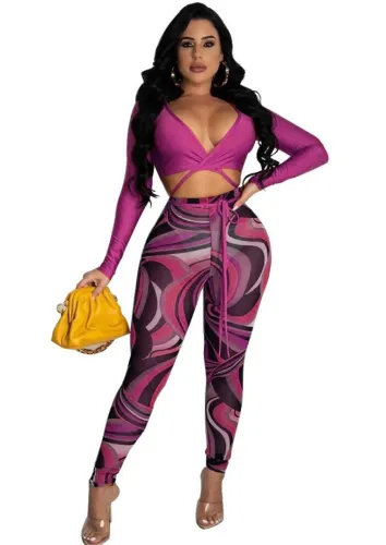 Rose Plunge Neck Crop Top and Print Legging 2PCS Set