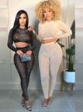 Beige Beaded Round Neck Long Sleeve Crop Top and Pants 2PCS Set