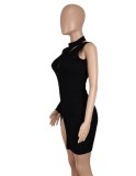 Black Single Sleeve Cut Out Open Back Split Slinky Dress