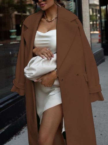 Brown Turndown Collar Long Sleeve Elegant Long Coat