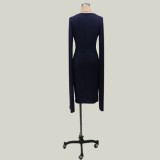 Black Deep-V Irregular Sleeve Midi Dress