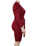 Plus Size Red O-Neck Bubble Sleeve Midi Tight Dress with Belt