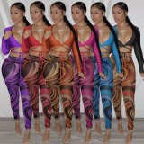 Red Plunge Neck Crop Top and Print Legging 2PCS Set