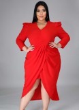 Plus Size Red V-Neck Wrap Long Sleeves Irregular Long Dress