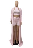 Pink Sleeveless Crop Top and Ruched Shorts with Long Cardigan 3PCS Set