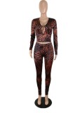 Print Brown Fitted Hole Top and High Waist Pants 2PCS Set