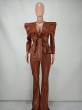 Brown Leather Knotted Pad Shoulder Top and Pants 2PCS Set