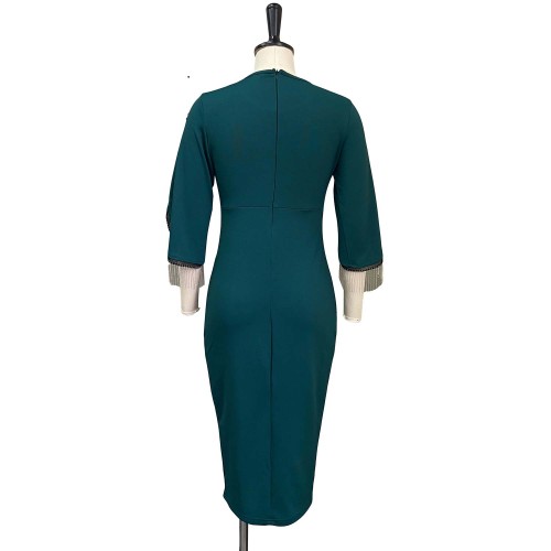 Green Slit Fringe Irregular Sleeve Midi Dress