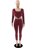Red Velour Square Neck Crop Top and High Waist Pants 2PCS Set