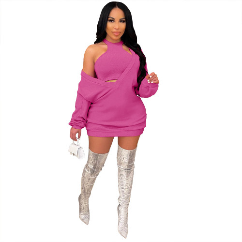 Hot Pink Knit Open Front Deep-V Dress and Halter Crop Top 2PCS Set