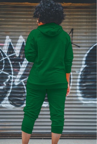 Green Drawstring Hoody Top and Pants Two Piece Set